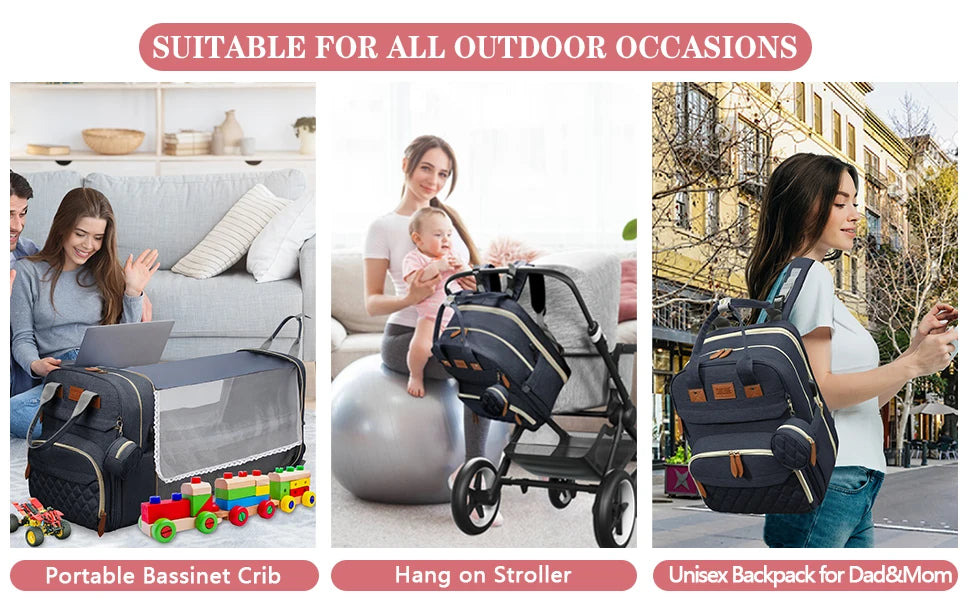 3-in-1-Wickeltaschen-Rucksack, faltbares Babybett, wasserdichte Reisetasche mit USB-Ladefunktion, Wickeltaschen-Rucksack mit Wickelbett, 3 Typen