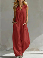 Jumpsuits Damen 2026 Playsuits Doppel-Taschen lässige Leinen-Baumwoll-Ärmellose lange Jumpsuits Damenbekleidung