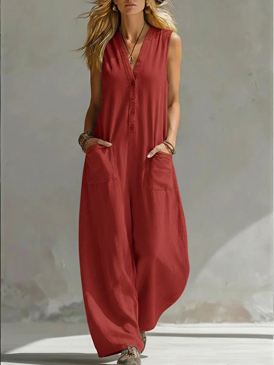 Jumpsuits Damen 2026 Playsuits Doppel-Taschen lässige Leinen-Baumwoll-Ärmellose lange Jumpsuits Damenbekleidung
