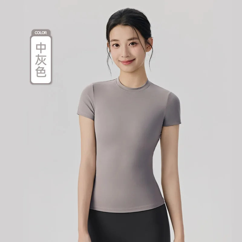 Frühlings- und Sommer-Yoga-Kleidung, kurzärmlig, nackt, eng anliegend, Fitness-Kleidung für Damen, Outdoor-Laufen, Training, Sport-T-Shirt