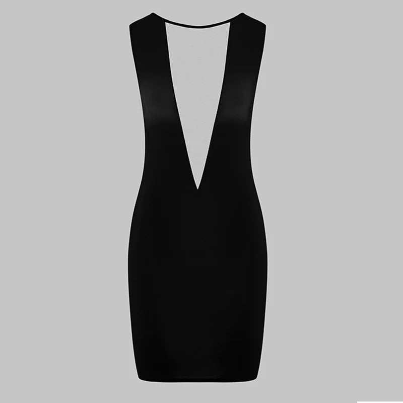 Y2K E-Girl Mesh-Panel V-Ausschnitt Bodycon Minikleid Damen Schwarz Ärmellose Clubwear
