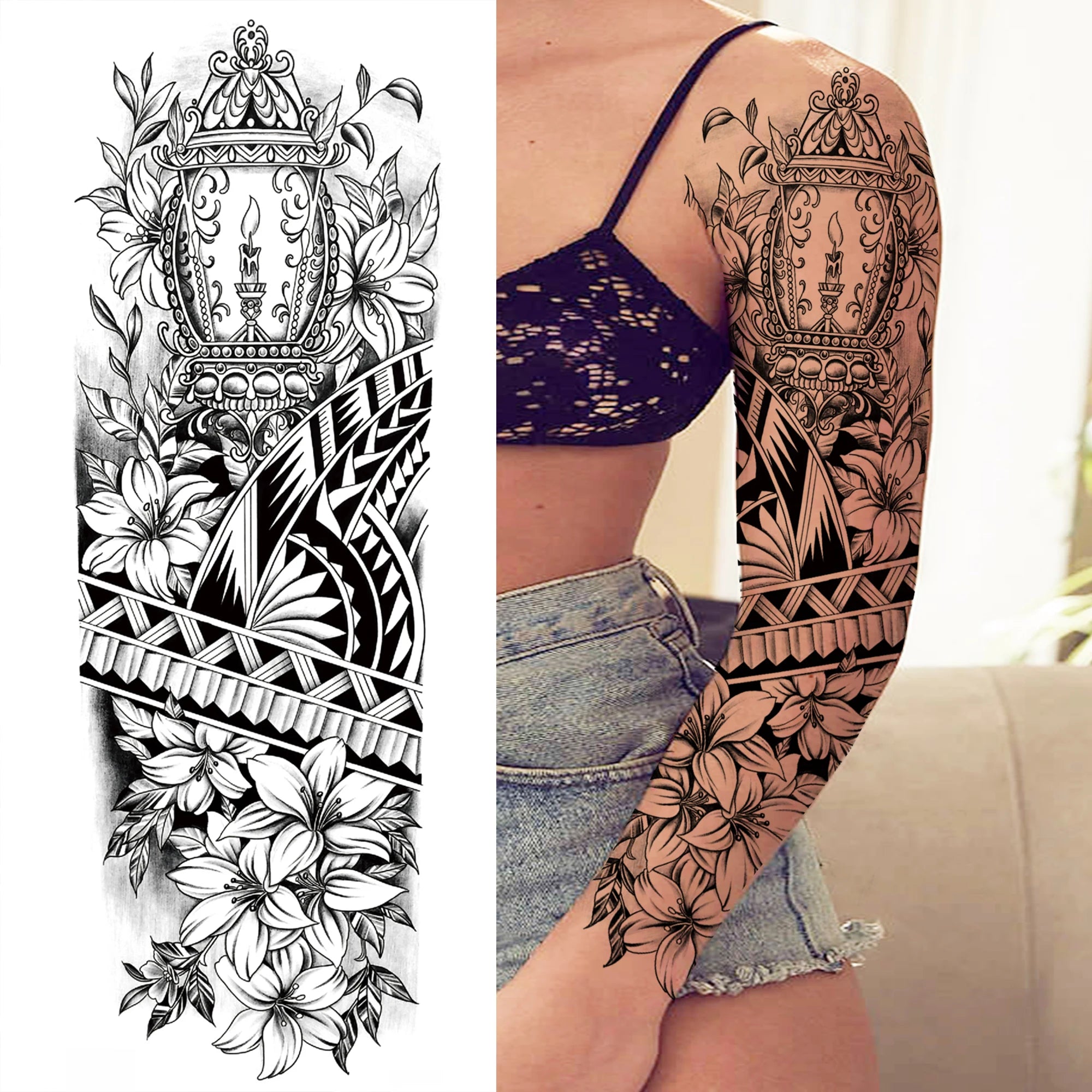 1 Sheet Full Arm Compass Zeus Skull Tiger Lion Flower Temporary Tattoos Sleeve For Men Women Adults Fake Temp Sticker Tattoo