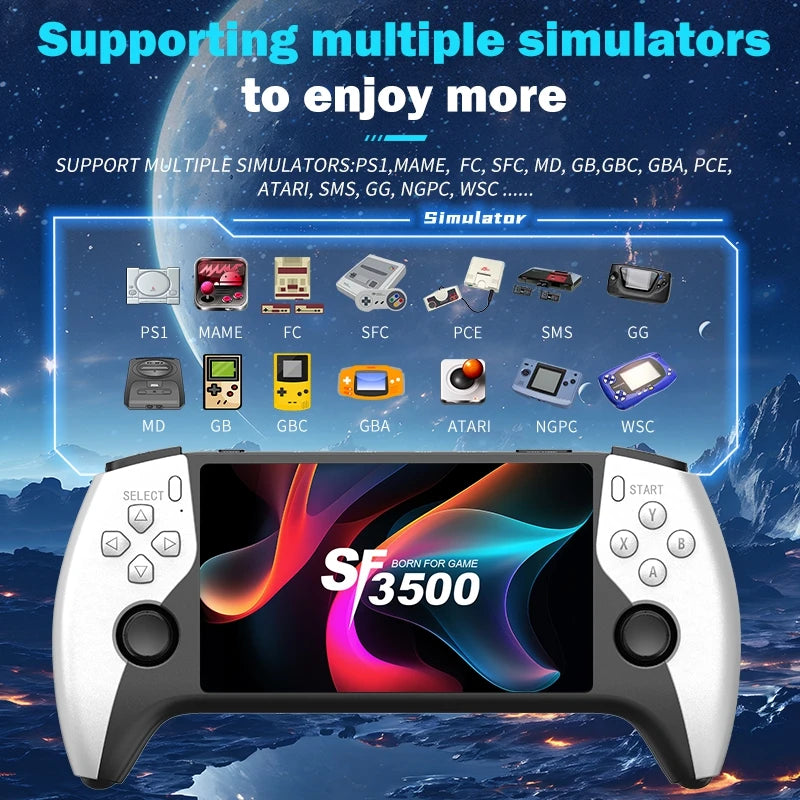 SF3500 Retro Handheld Videospielkonsole Linux System 5,0 Zoll 854*480 IPS Bildschirm 3000mAh Tragbarer Pocket Video Player Spiele