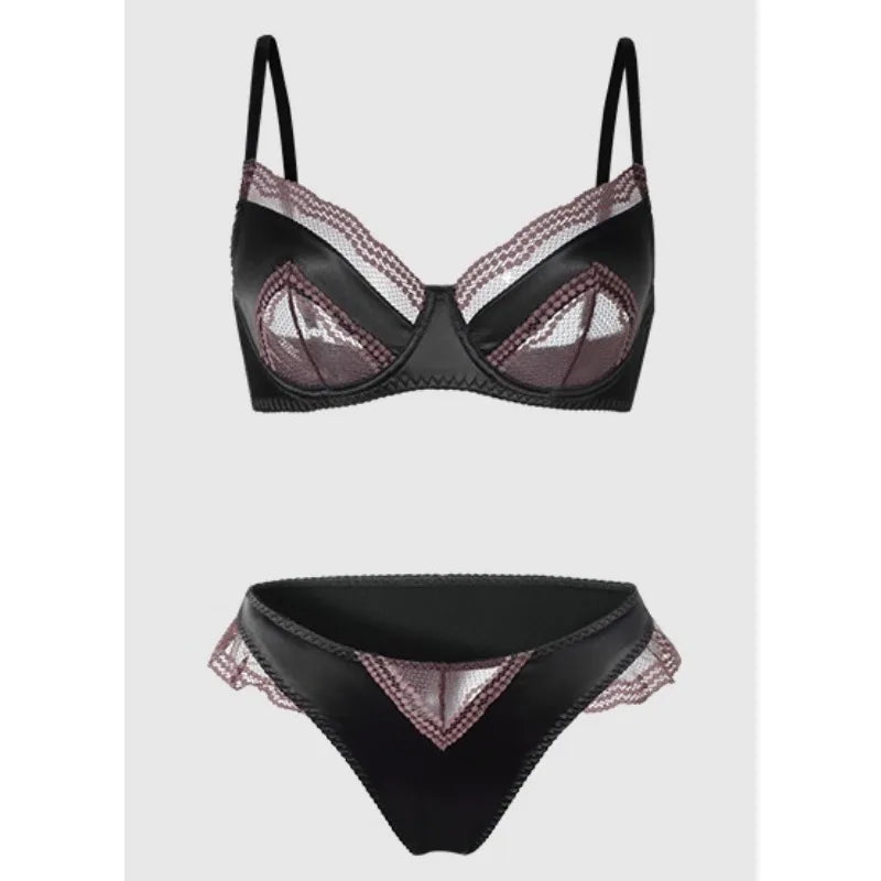 Sexy französisches Satin-Spitzen-Dessous-Set für Damen mit großer Oberweite, transparenter, schmaler Brustbereich, ultra-dünnes Sommer-BH-Set mit kleinen Cups, S-XL