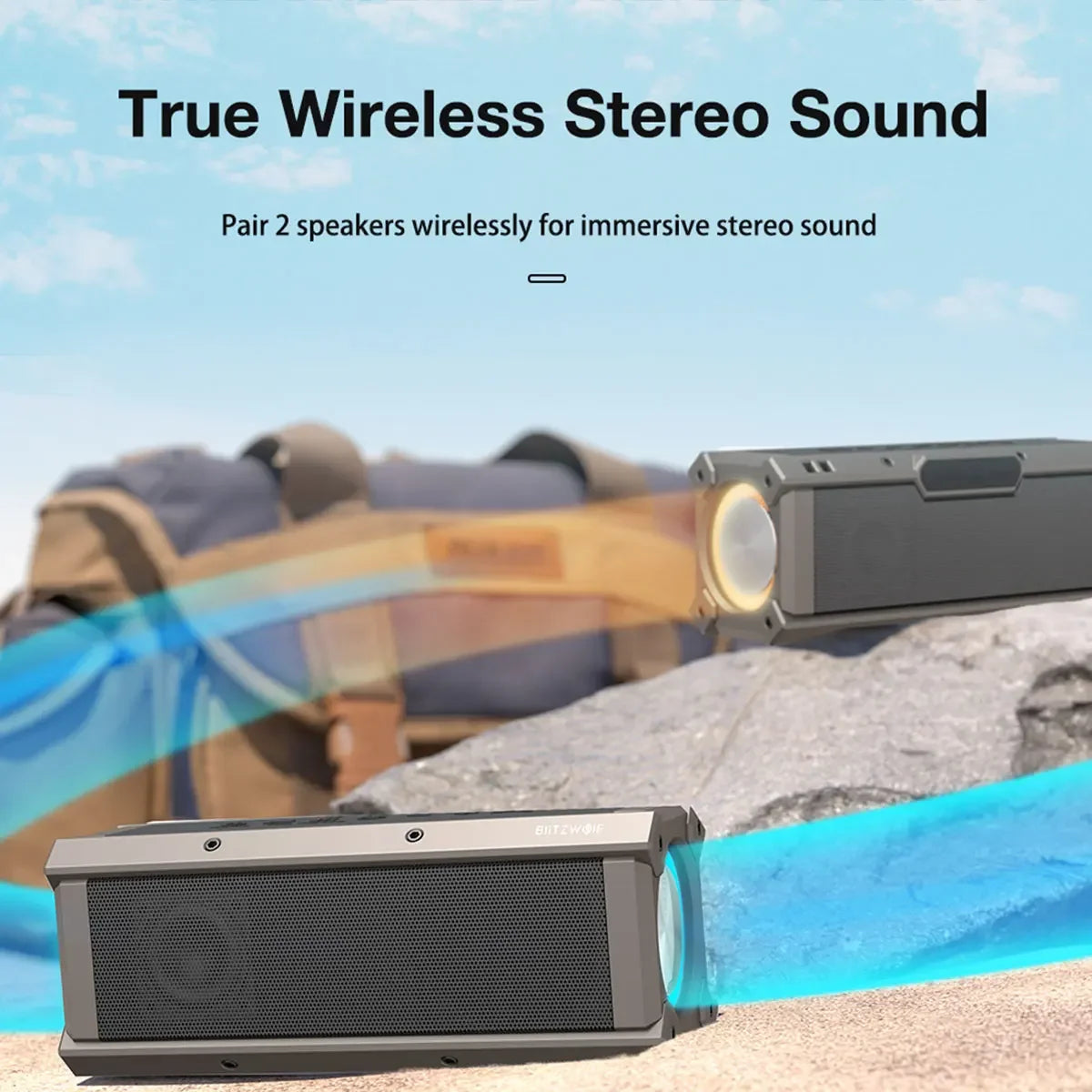 BlitzWolf BW-WA3 100W TWS Bluetooth-Lautsprecher mit vier Treibern, doppelter Membran, tiefem Bass, RGB-Licht, IPX5 Wasserdichtigkeit, 5000mAh Akku