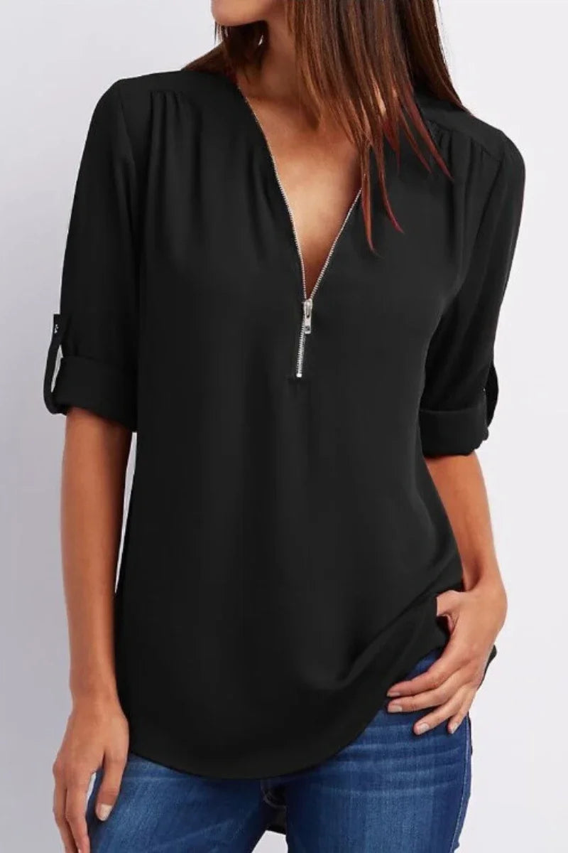 2024 Qualität Heißer Verkauf Plus Size Tiefer V-Ausschnitt Damenbluse Chiffon Coole lockere Hemd Mode Freizeit Damen Tops Sexy Reißverschluss Pullover