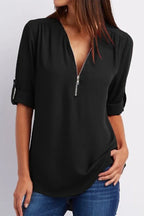 2024 Qualität Heißer Verkauf Plus Size Tiefer V-Ausschnitt Damenbluse Chiffon Coole lockere Hemd Mode Freizeit Damen Tops Sexy Reißverschluss Pullover