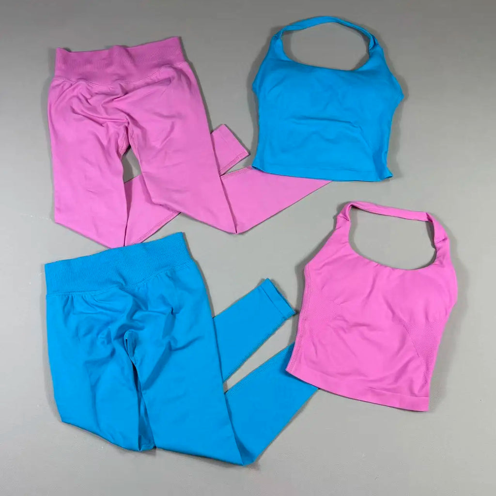 OHNE LOGO Yoga-Outfit Sport-Impact-Gym-Set Neckholder-Oberteil und Leggings-Hosen-Sets Rückenloses Neckholder-Design Hochelastische Sportbekleidung