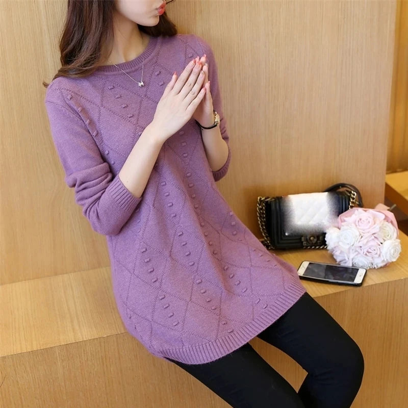 Strickpullover Herbst Winter Oberteile Rundhals Langarm Pullover Legere Warme Damenpullover Midi Lang Schmaler Pullover Mädchen