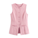 DAMEN 2025 Weiß Ärmellose Weste Damen Knopf Sommerwesten für Damen Jacke Rosa Weste Top Damen Streetwear Damen Maßgeschneiderte Weste