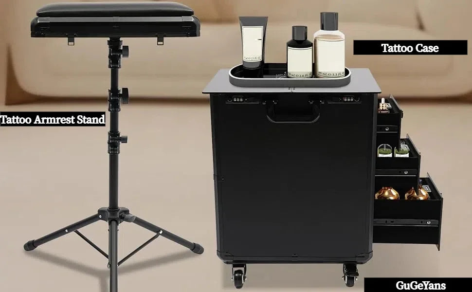 Rollender Make-up-Trolley mit Tattoo-Armlehnenständer, Beauty-Trolley mit 3 Schubladen, 4 Universalrädern und Zahlenschloss