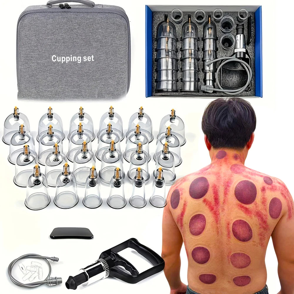 24tlg. Schröpf-Relax-Set, Vakuumsaugnäpfe in verschiedenen Größen mit Handpumpe und detaillierter Schröpfanleitung, Schröpf-Massage-Set zur Massage