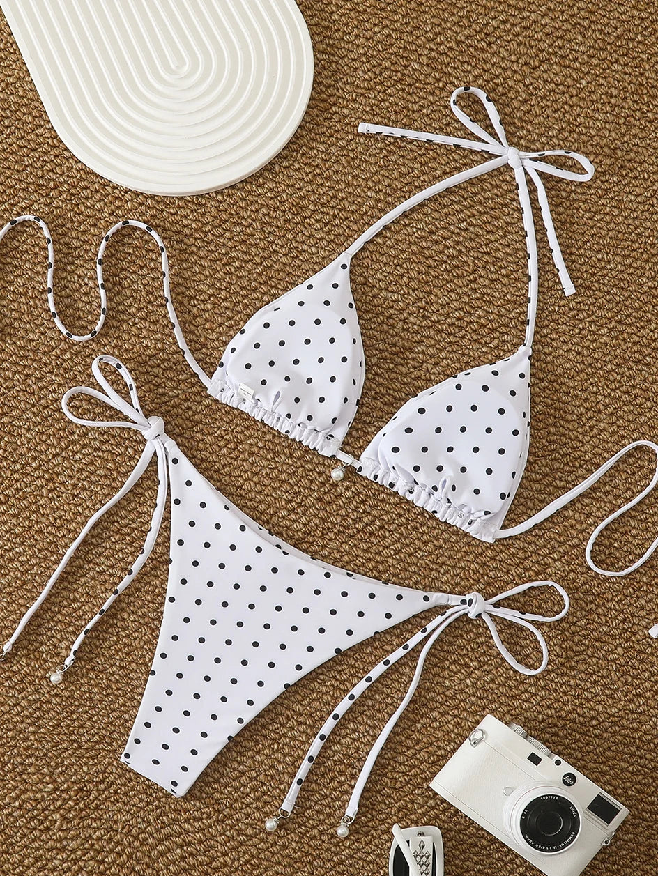 Sexy Micro-Bikini-Sets mit Perlenpunktdruck, Bademode 2026, Badeanzug für Damen, Strandkleidung, Damen Strand Sommer Bikini, zweiteiliger Badeanzug