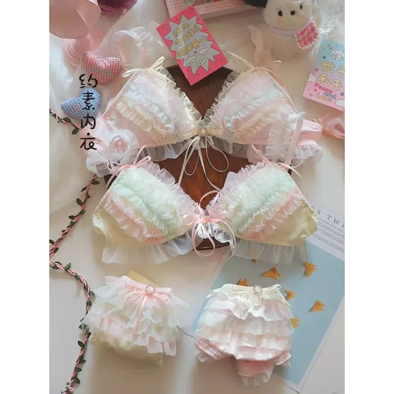 Japanischer Lolita-Stil Prinzessinnen-Dessous-Set Damen Pure Desire Kuchenschicht Spitze Mesh Baumwolle Schritt Party BH und Höschen Set Niedlich