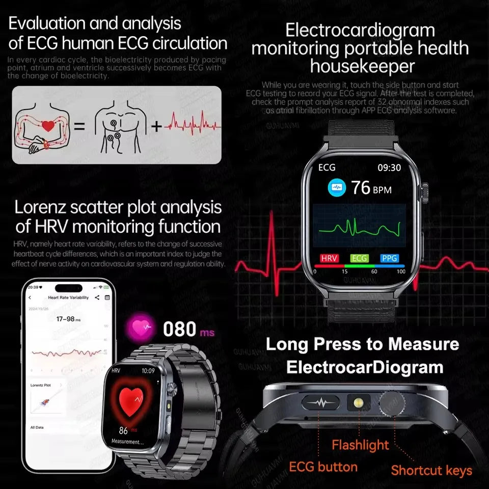 Neue Gesundheitsuhr Harnsäure Blutdruck Blutsauerstoff Körperanalyse Körperfett Smartwatch EKG+PPG Bluetooth Anruf Uhr Frauen Männer