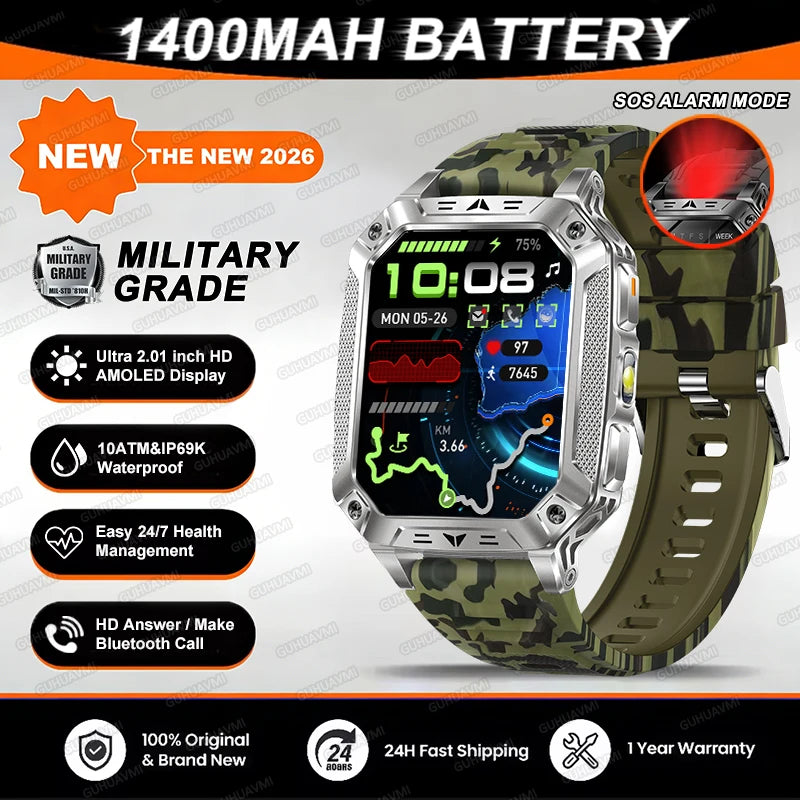 2026 TANK Neue 1400mAh Militär GPS Smartwatch Herren 2.01" AMOLED-Bildschirm 10ATM Wasserdichte Uhr SOS Anruf Taschenlampe Smartwatch iOS