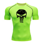Skull Print Compression Shirts for Men Gym Workout Running Tshirts Sporty Athletic Quick Dry Tees Tops Short Sleeve Rash Guard
