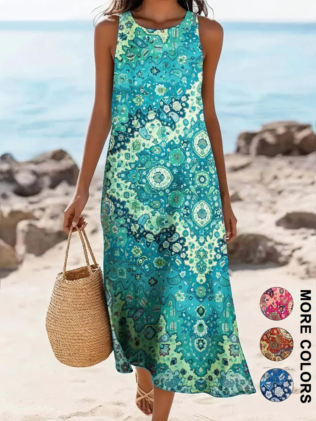 2026 Damen ärmelloses, böhmisches Blumenmuster, lässiges Strand-Midikleid mit Taschen, fließend und locker, Sweetheart im rustikalen Country-Stil