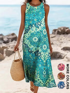 2026 Damen ärmelloses, böhmisches Blumenmuster, lässiges Strand-Midikleid mit Taschen, fließend und locker, Sweetheart im rustikalen Country-Stil