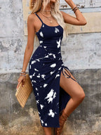 Damen Marineblau Bedrucktes Spaghettiträger-Kleid mit Schlitz für Frühling und Sommer