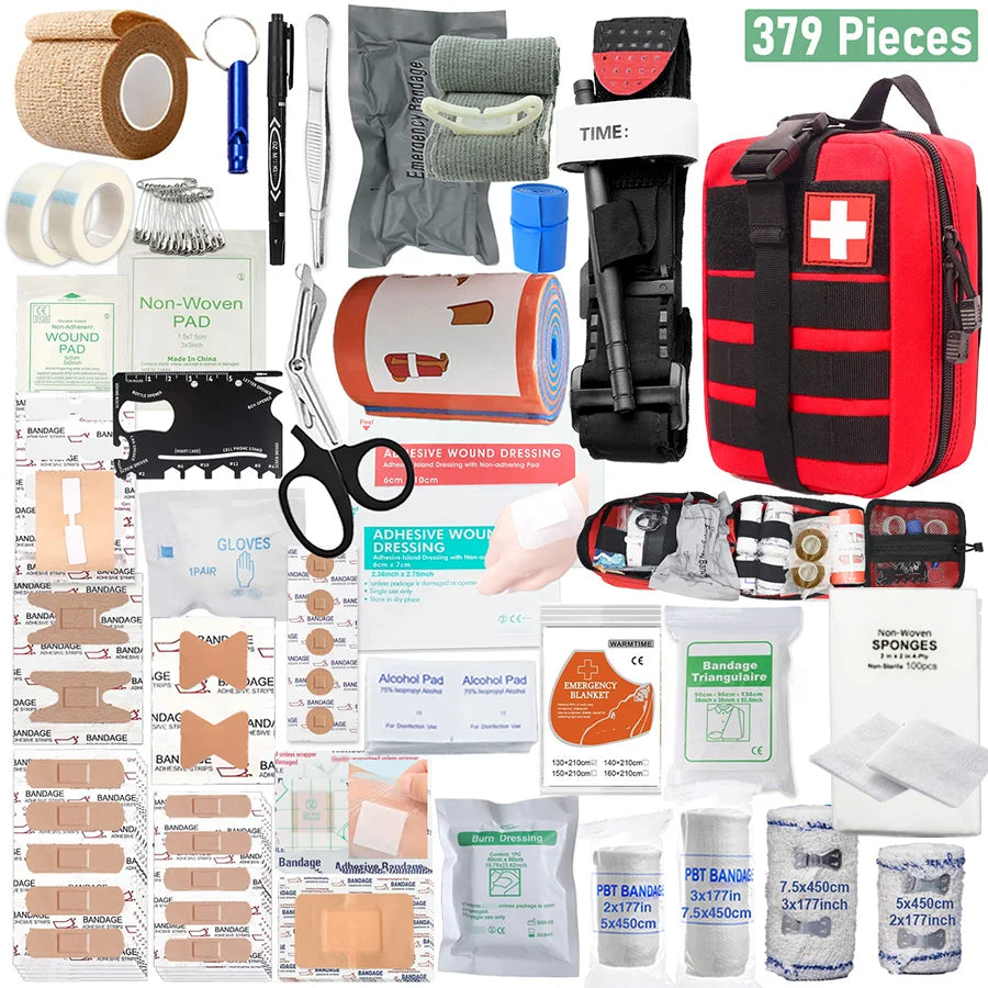 379-teiliges Erste-Hilfe-Set für Zuhause und Büro, tragbare Notfalltasche, rotes Survival-Handgepäck für Outdoor-Aktivitäten, Camping, Jagd, Wandern