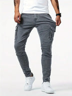 Men's street stretch denim jeans, washed solid color multi pocket work pants, casual slim fit, daily wear, jogging pants, mid wa