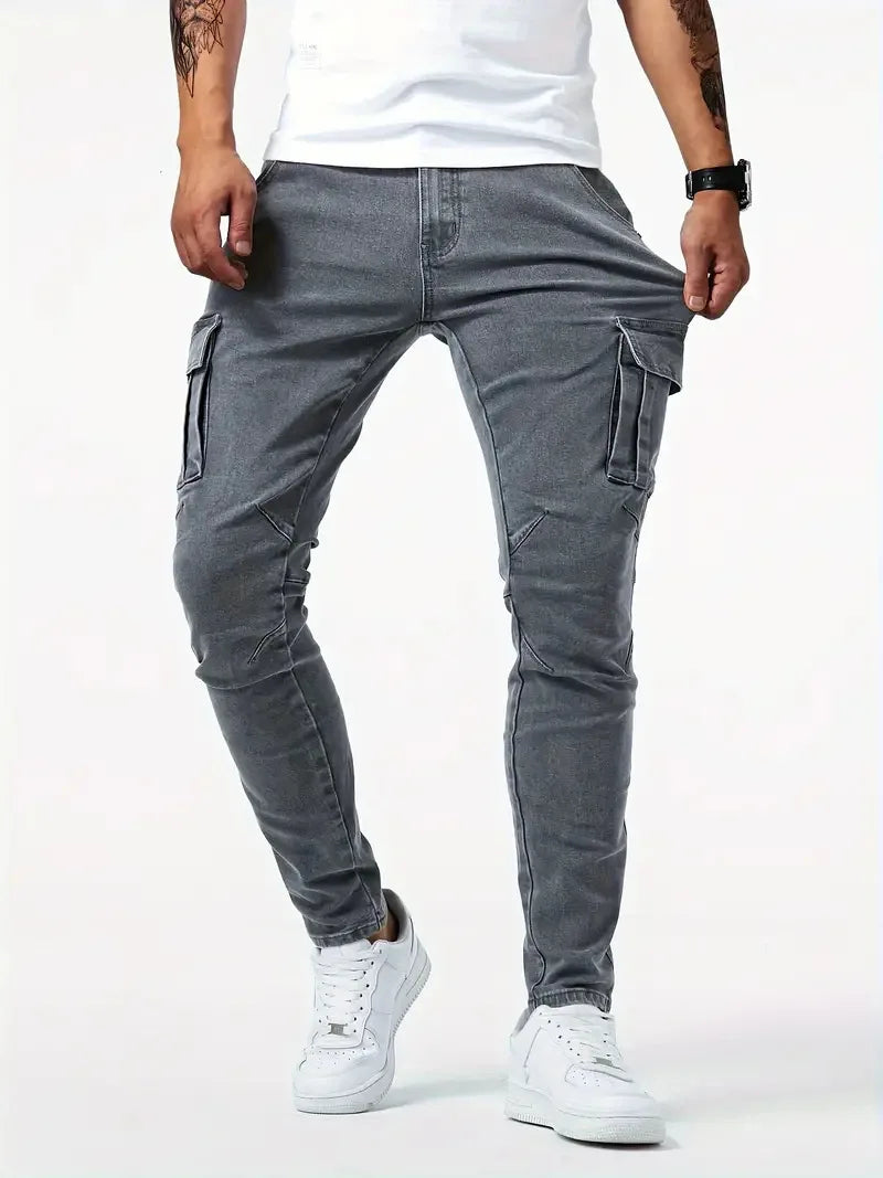 Men's street stretch denim jeans, washed solid color multi pocket work pants, casual slim fit, daily wear, jogging pants, mid wa