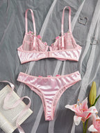 Rosa floral besticktes Dessous-Set 2-teilig mit Bügel, halbtransparent, Verschluss vorne, doppelter Haken hinten, sexy Unterwäsche für romantische Anlässe