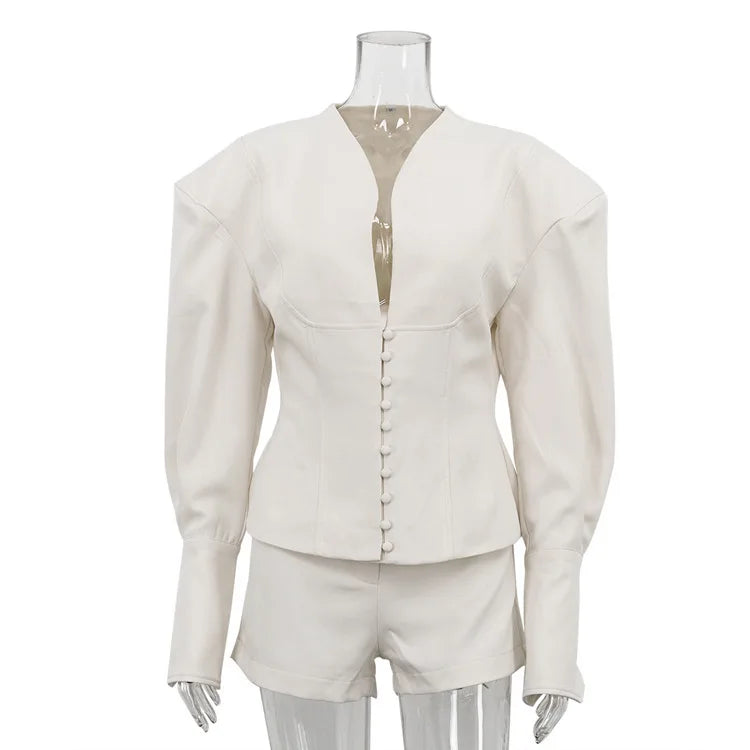 FANTOYE Sexy Deep V-Neck Long Sleeve Shoulder Pads Women 2 Piece Sets Beige Single Breasted Tops Short Pants Winter Lady Outfits