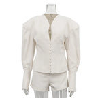 FANTOYE Sexy Deep V-Neck Long Sleeve Shoulder Pads Women 2 Piece Sets Beige Single Breasted Tops Short Pants Winter Lady Outfits