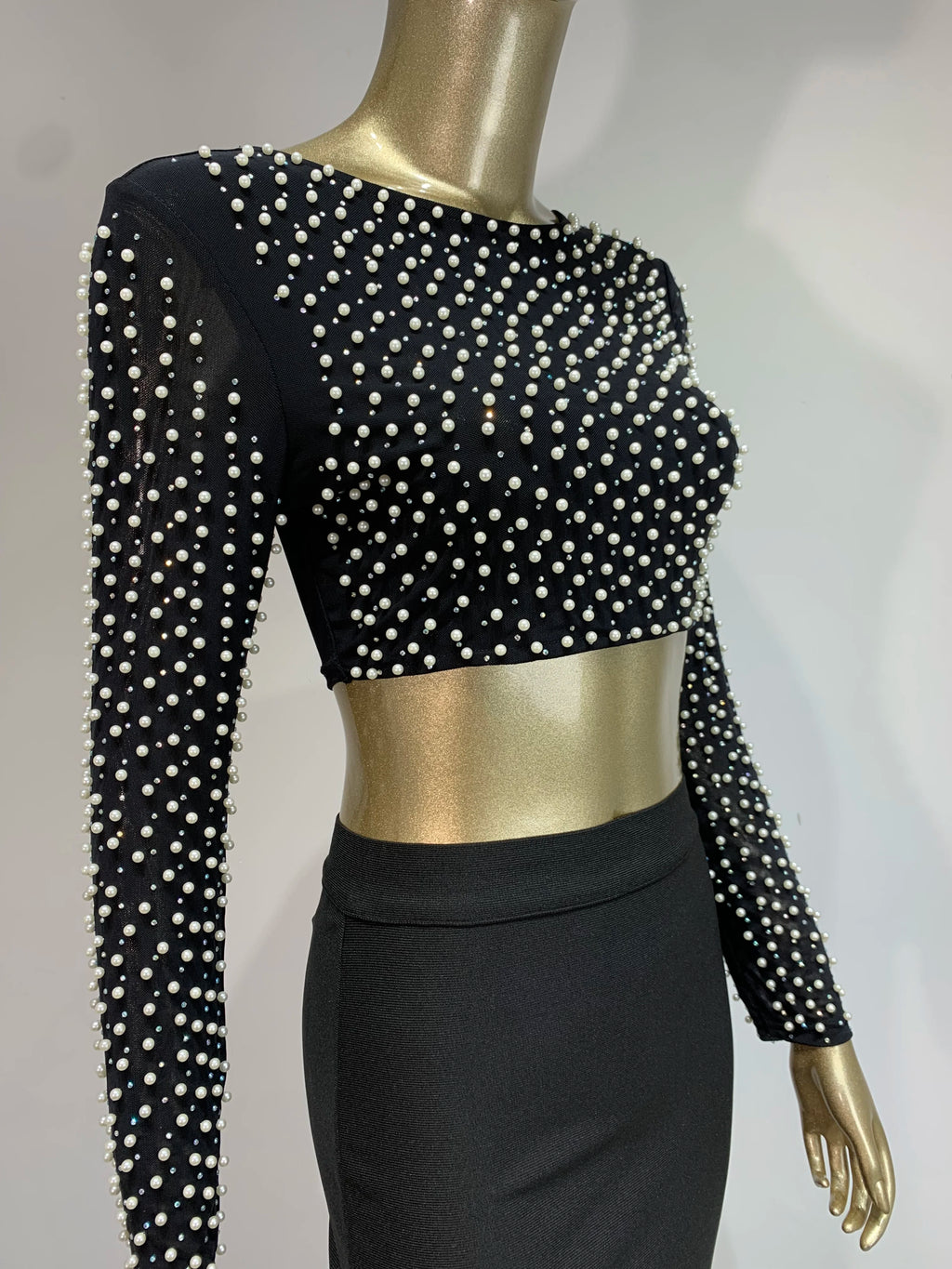Sexy O-Ausschnitt Langarm Mesh Perlen Beige Schwarz Celebrity Midi Damen Bandagen-Set 2024 Designer Abendparty Damen-Set