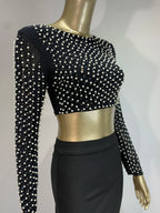 Sexy O-Ausschnitt Langarm Mesh Perlen Beige Schwarz Celebrity Midi Damen Bandagen-Set 2024 Designer Abendparty Damen-Set