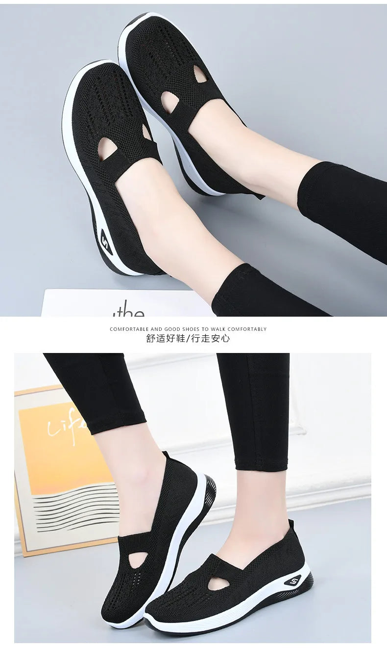 Damen Neue Sommerschuhe Mesh Atmungsaktive Sneaker Leichte Slip-on Plateau Freizeitschuhe Damen Rutschfeste Gehschuhe Gewebte Schuhe