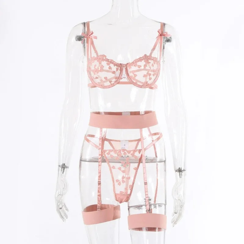 Spitzen-Dessous-Set 3-teilig Transparenter BH Strumpfhalter Halbcup Push-up Unterwäsche für Damen