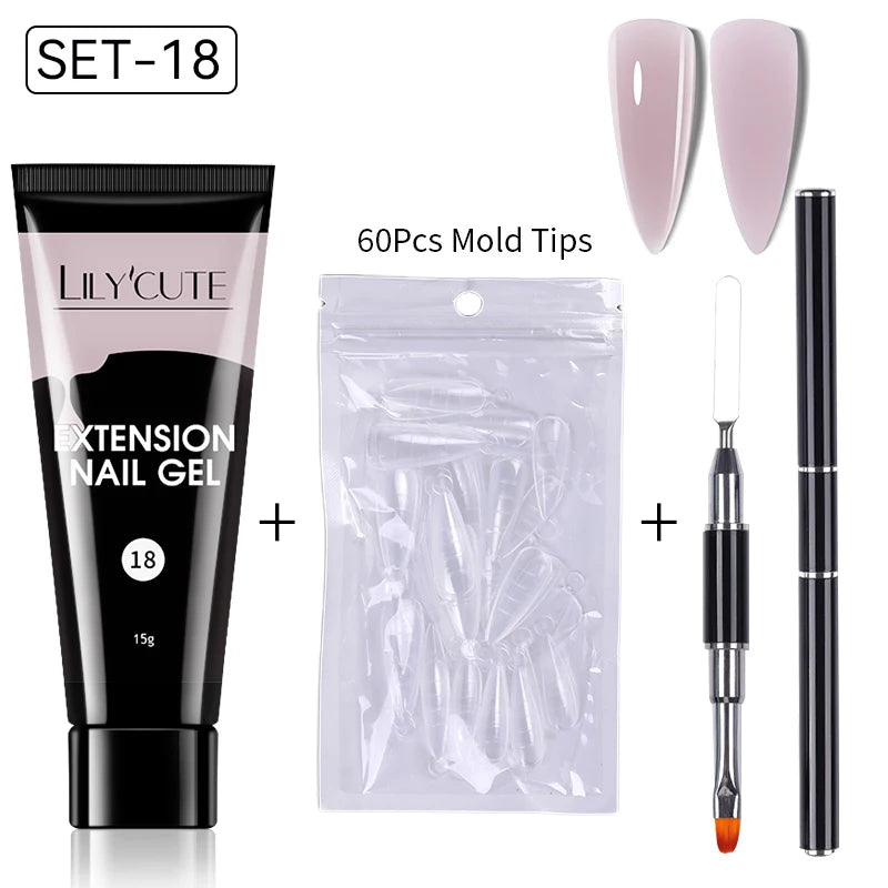LILYCUTE 15ml Verlängerungsgel-Nagellack-Set Quick Nail Prolong mit Verlängerungsform-Nagelspitzen Acryl-Lösung Maniküre-Werkzeug-Kit