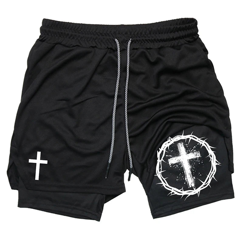 Herren-2-in-1-Lauf-Workout-Shorts mit Druck, Christian Gym Athletic Performance Shorts mit Handytasche und Handtuchschlaufe, Activewear