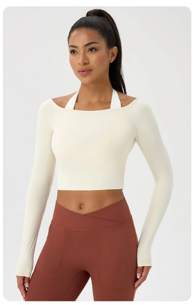 Yoga Langarm T-Shirt Damen Ein-Schulter Sexy Eng Anliegende Fitness-Oberteile Nude-Feel Schnelltrocknendes Sport Langarm Yoga Shirts