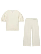 HH Damen Elegantes Beiges Set, Rundhals-T-Shirt, Einfarbiges Puffärmel-Oberteil, Lässige Weite Hosen, High Street Chic Outfit