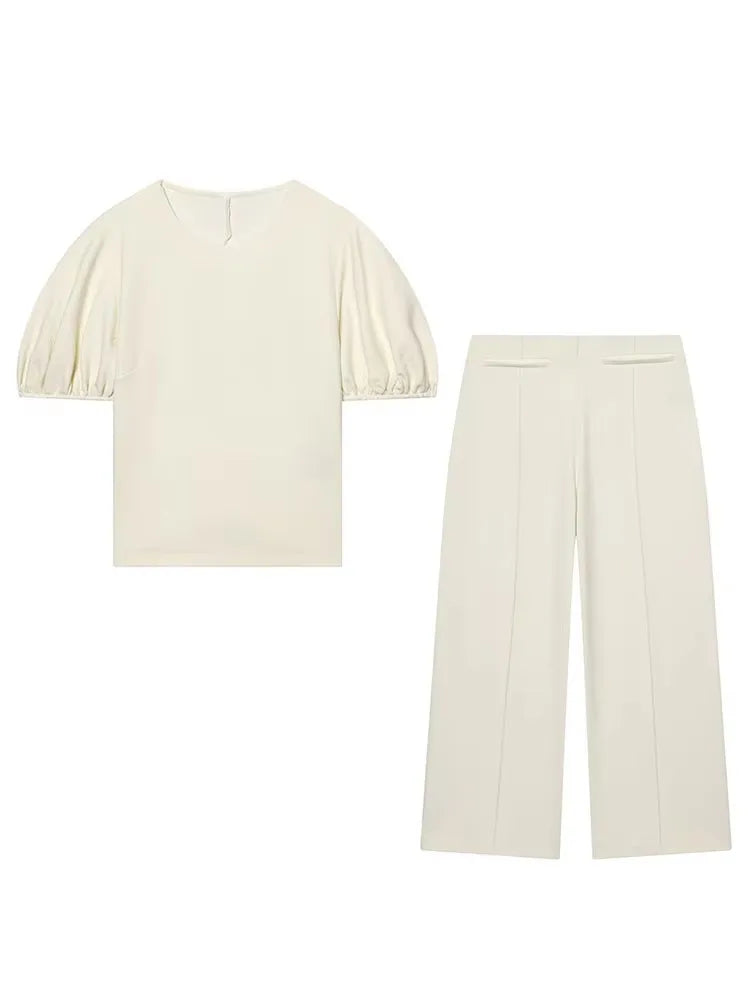 HH Damen Elegantes Beiges Set, Rundhals-T-Shirt, Einfarbiges Puffärmel-Oberteil, Lässige Weite Hosen, High Street Chic Outfit