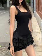 Chic Y2K Ärmelloses Minikleid für Damen Sommer Schwarze Kleider Sexy Clubwear Party Slim Fit Rüschen Plissiertes Kurzes Kleid