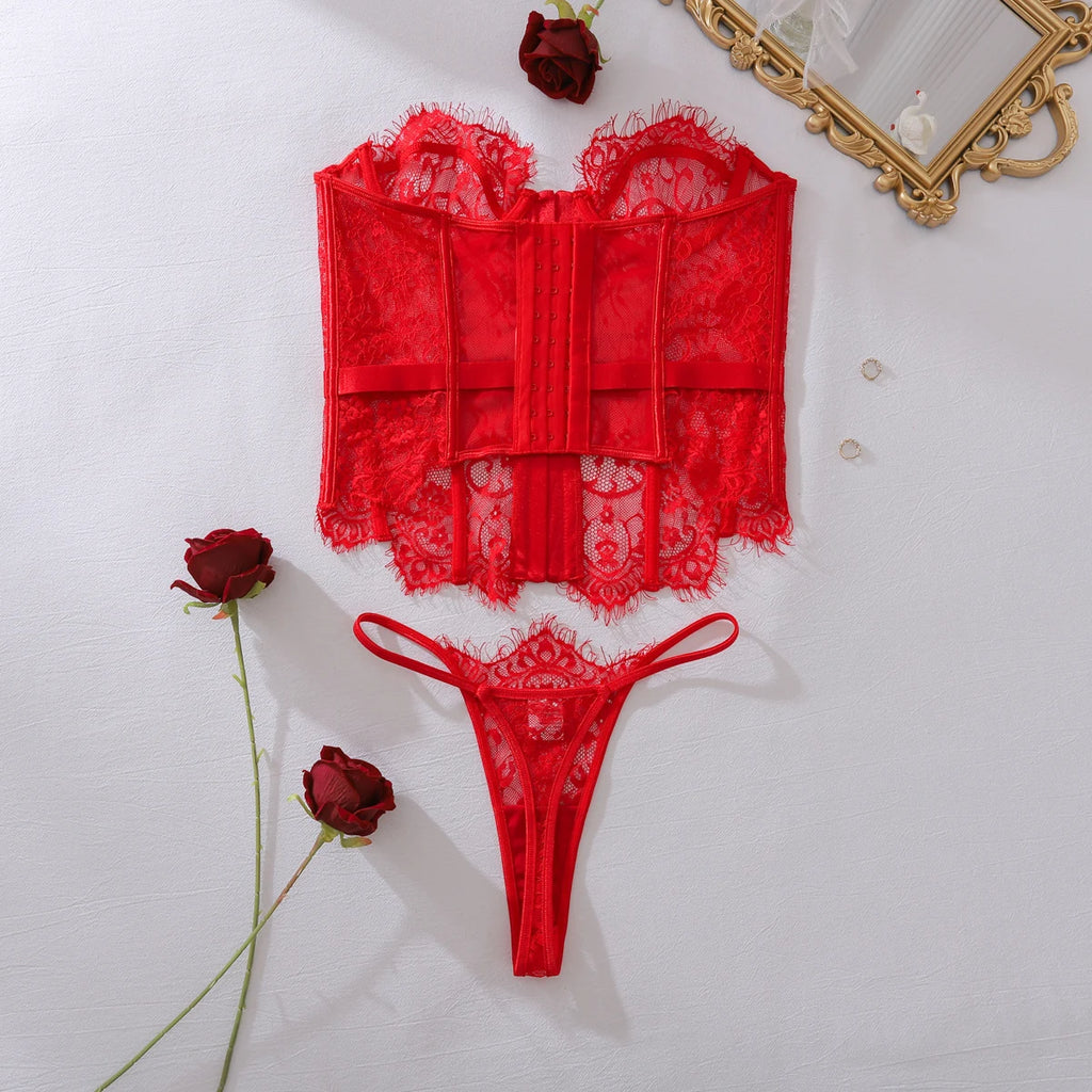 Ellolace Palace Damen Dessous Sets Weidenkorsett String 2-teiliges Set Sexy Heiß Trägerlos Spitze Ausgefallener tiefer V-Ausschnitt Damen Unterwäsche
