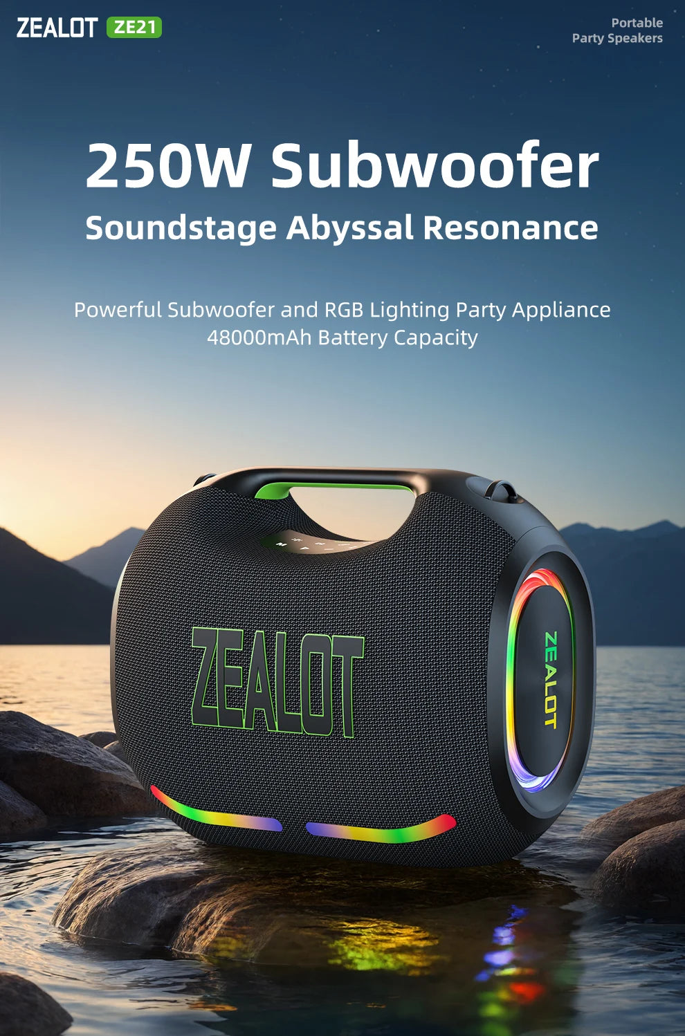 ZEALOT-ZE21 250W Tragbarer Bluetooth Lautsprecher Hohe Lautstärke Wasserdicht 48000mAh Kabelloser TWS Subwoofer Unterstützt USB/TF/AUX RGB-Licht