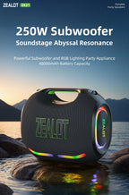 ZEALOT-ZE21 250W Tragbarer Bluetooth Lautsprecher Hohe Lautstärke Wasserdicht 48000mAh Kabelloser TWS Subwoofer Unterstützt USB/TF/AUX RGB-Licht