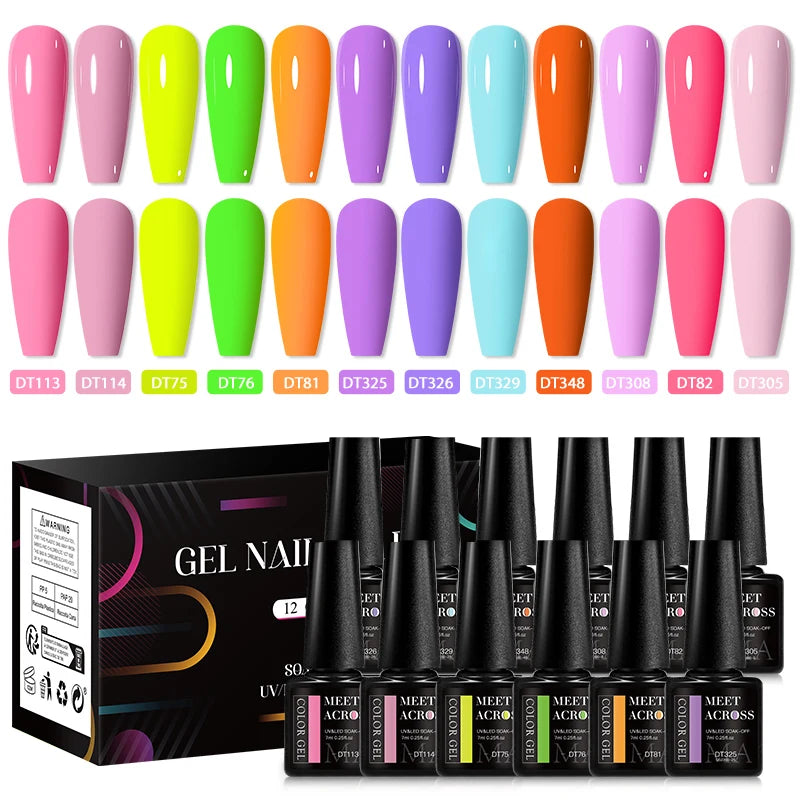 MEET ACROSS 12tlg/Set 7ml Macaron Gel Nagellack mit Box Semi-permanenter UV-Gel Soak Off Nail Art Kit Nagellack für Maniküre