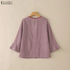 ZANZEA Damen Sommer Plaid Patchwork Bluse 3/4 Glockenärmel Cut Out Tops Lässiges lockeres Hemd Retro Chemise Damen Arbeitsblusen