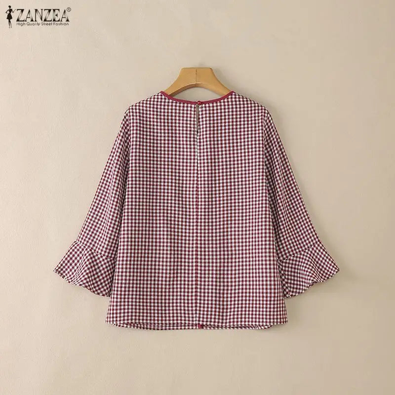 ZANZEA Damen Sommer Plaid Patchwork Bluse 3/4 Glockenärmel Cut Out Tops Lässiges lockeres Hemd Retro Chemise Damen Arbeitsblusen
