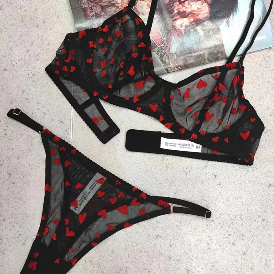 Neues Dessous-Tangas-Set, sexy, ultradünner transparenter BH, Damen-Bügel-Push-up-BH-Set, sommerliche, romantische Pfirsichherz-Unterwäsche