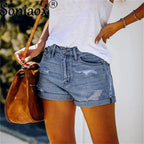 2024 Sommer neue Damen-Crimp-Knopfleiste Stretch Sexy Loch Jeans-Shorts High Waist Skinny Streetwear Trendige Ripped Denim-Shorts