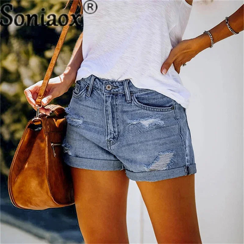 2024 Sommer neue Damen-Crimp-Knopfleiste Stretch Sexy Loch Jeans-Shorts High Waist Skinny Streetwear Trendige Ripped Denim-Shorts