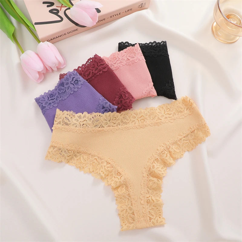 FINETOO 3er-Pack Damen Baumwollunterwäsche Slips Sexy Spitze Brasilianischer Slip Niedrige Taille Blumenmuster Einfarbig G-String Atmungsaktive Dessous